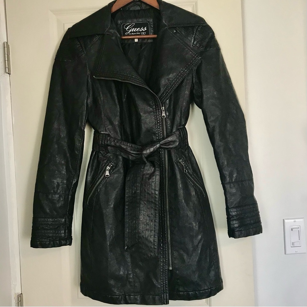 Guess Vegan Faux Leather Belted Black Trench Coat w/ Zipper, Fully Lined Jacket
